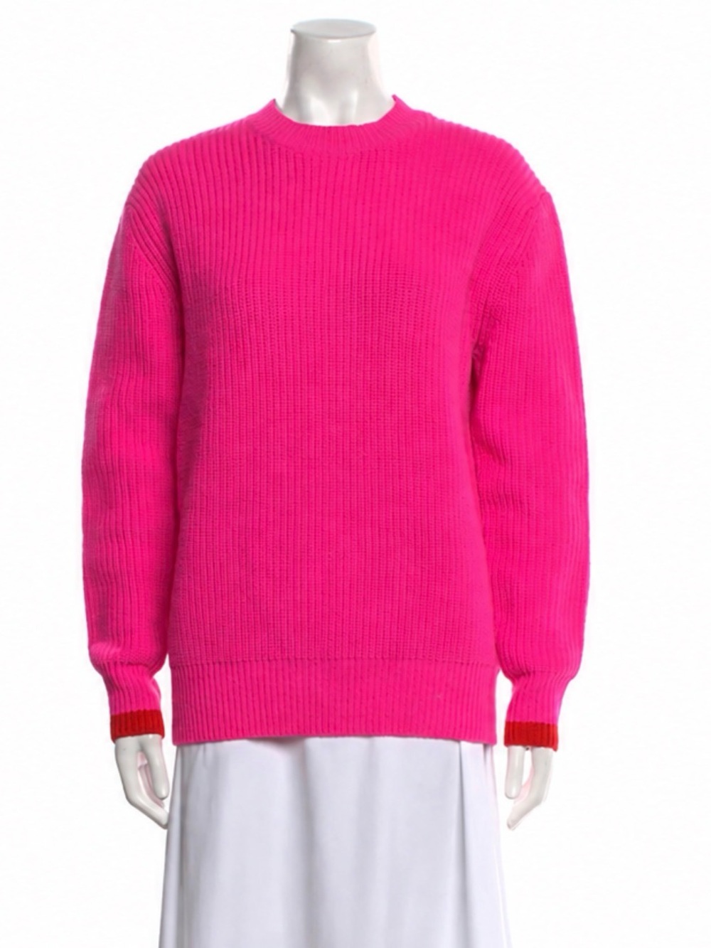 Victoria Beckham Hot Pink Crewneck Rib Knit Sweater with Red Cuff Detail